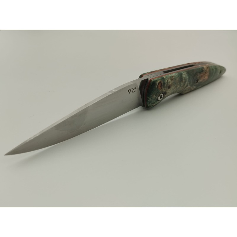 Couteau 2 Clous 80CRV2 - Plaquettes Loupe de peuplier stabilisé teinté vert - Artisanat Français